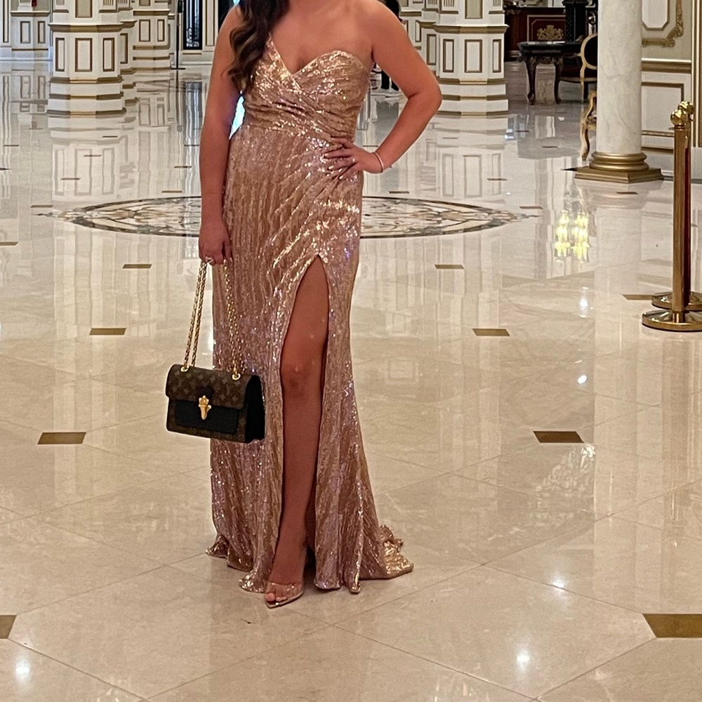 Captivating Silver Sequin Gown with Matching Gloves by CINDERELLADIVINE